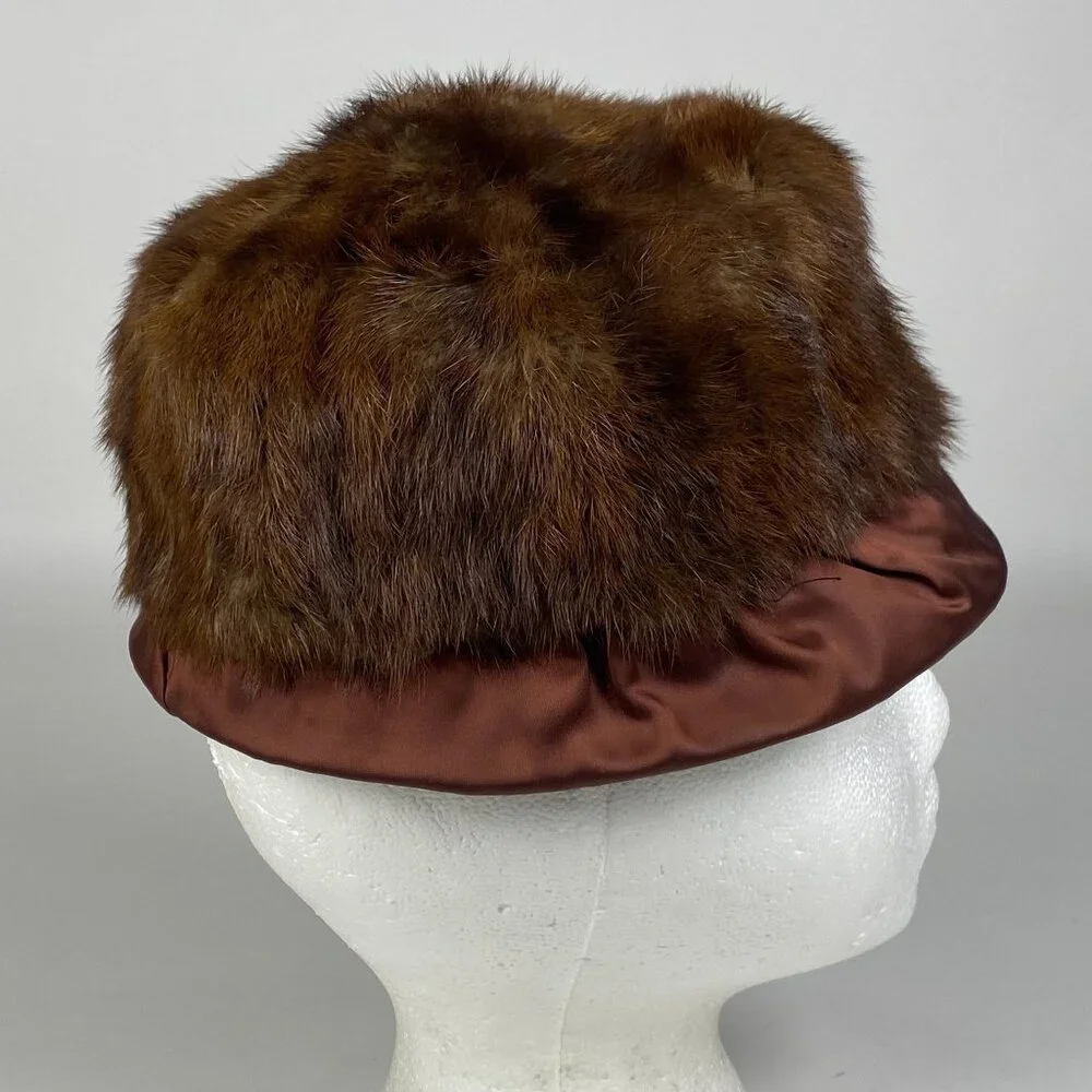Vintage Genuine Brown Fur Cloche Pillbox Hat Satin Base Floral Lining Unbranded